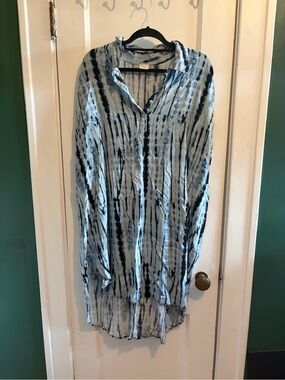 Casual Light Blue & Navy Tie-Dye Short Sleeve Quarter Button Shirt Dress